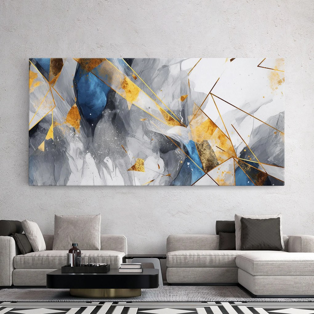 Tablou Canvas, 80x160cm, Dormitor si Living, Abstracte, Abstract cu linii, Abstract Gold Blue Pattern