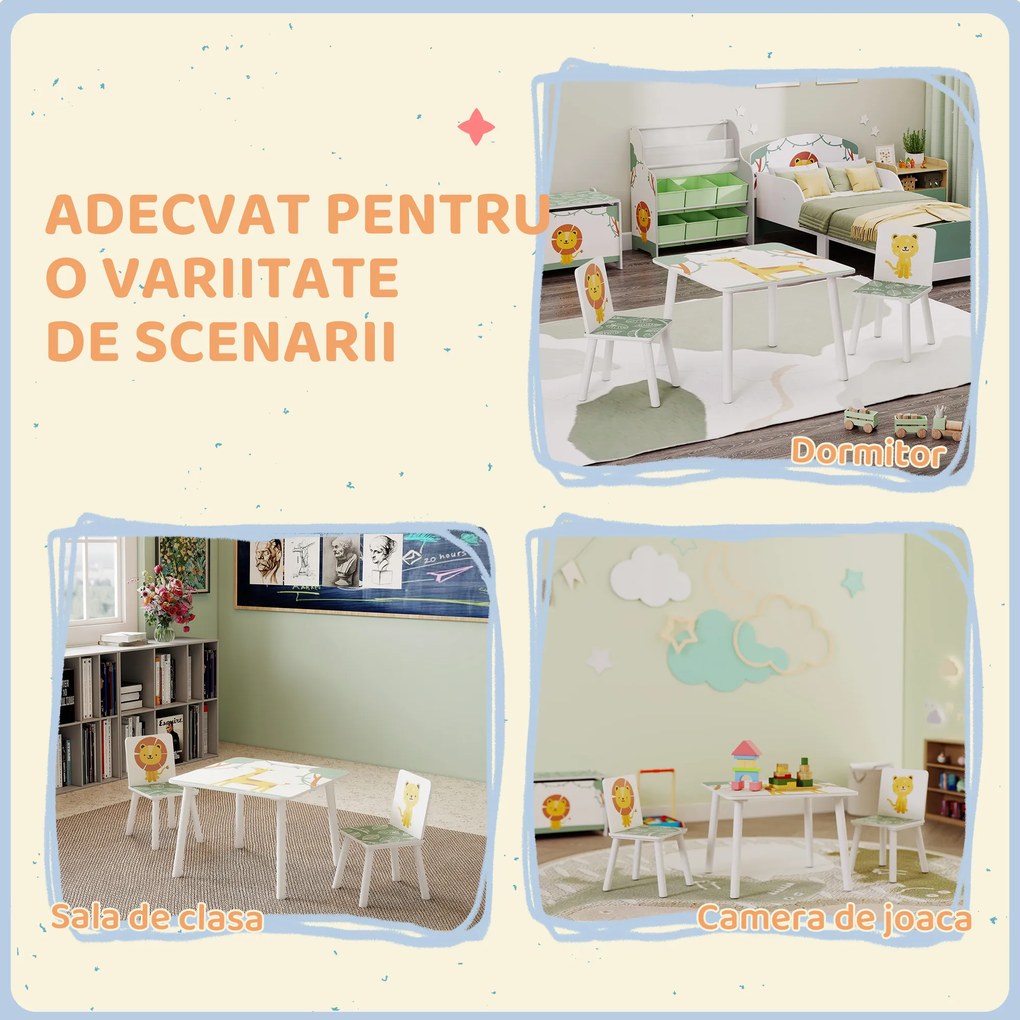 AIYAPLAY Set de Masă și Scaune pentru Copii, 3 Piese, Masă cu 2 Scaune pentru Dormitor, Grădiniță, Sală de Jocuri, Verde | Aosom Romania