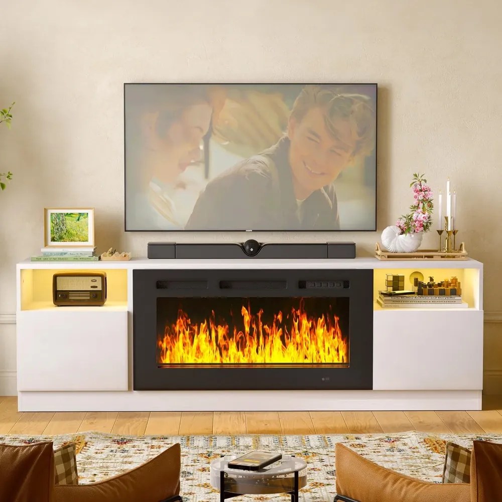 Comodă TV cu șemineu electric LED integrat – 178×35×59 cm, 12 culori flacără, Încălzire 750/1500 W, Telecomandă, Alb