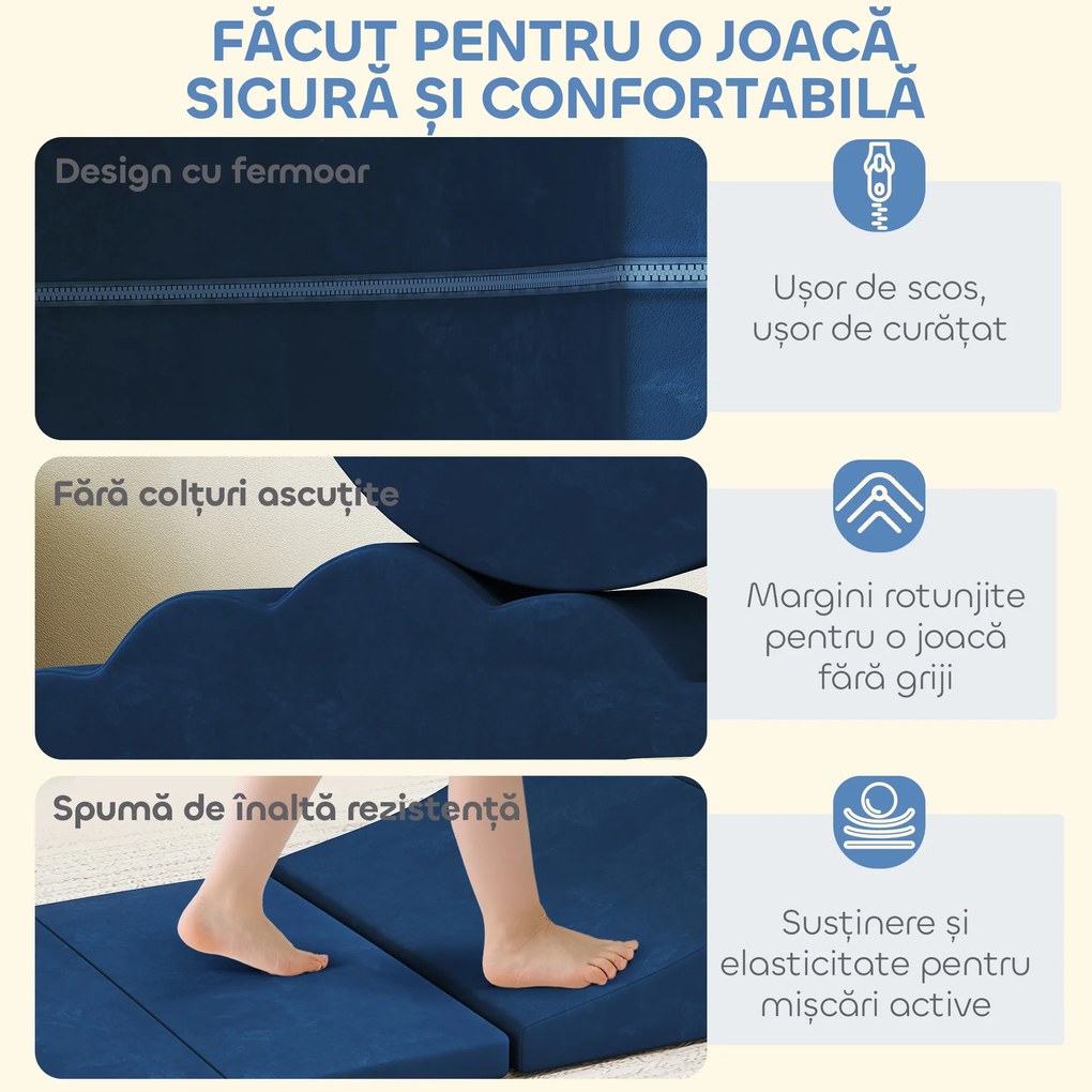 AIYAPLAY Set 7 Blocuri Construcții Moi Copii Până la 3 Ani în Catifea Albastru | Aosom Romania