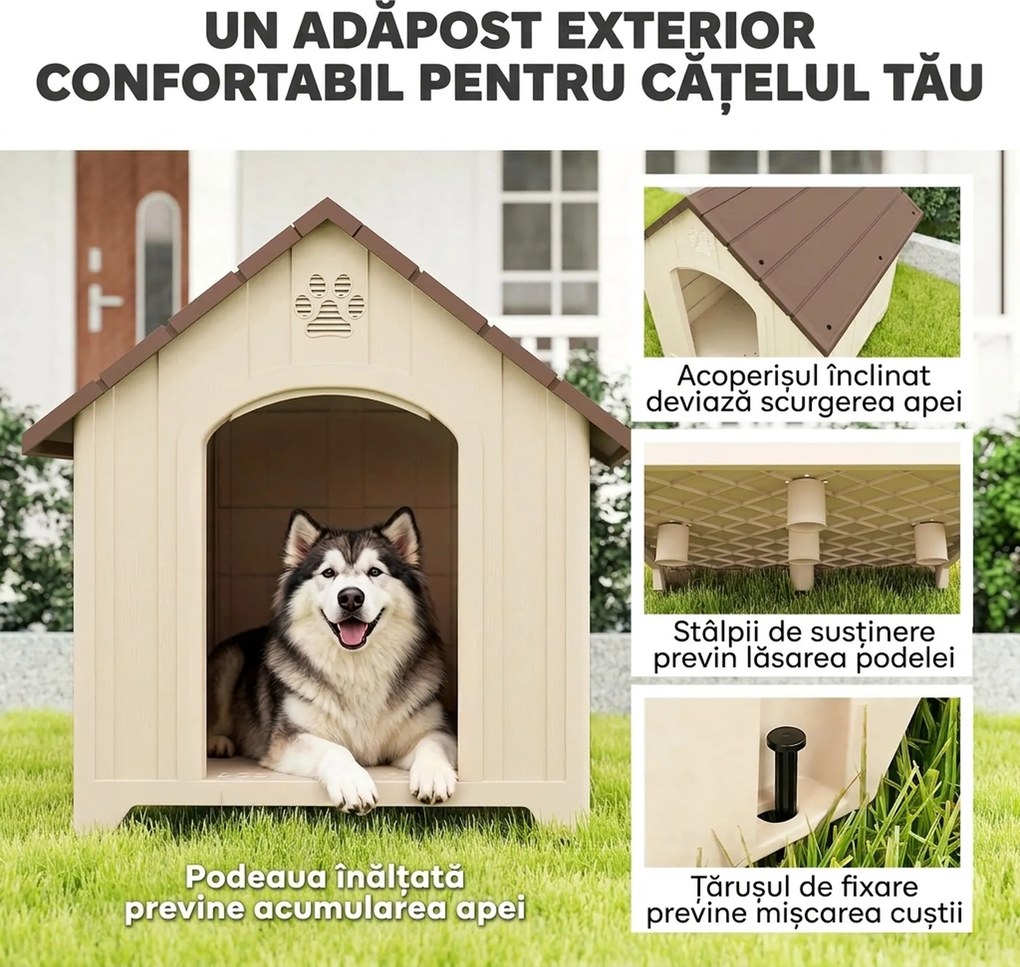 PawHut Căsuță pentru Câini de Exterior, Talie Mare și XL, Adăpost din Plastic Impermeabil cu Bază Ridicată, Ferestre și Acoperiș Înclinat pentru Grădină, Terasă, Curte, 102x94x103 cm, Bej | Aosom Romania