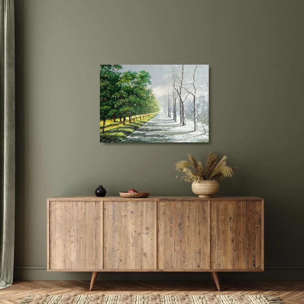 Tablou pe sticlă - Iarna versus vara (70x50 cm)