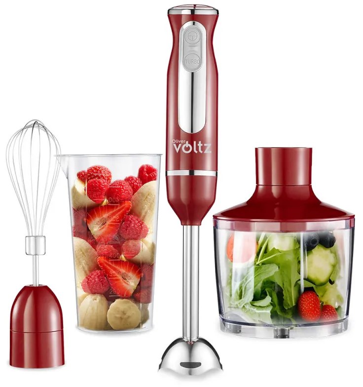 Set blender, tocator si mixer 3 in 1 Oliver Voltz OV51112KSC, 800W, Otel, 2 viteze, Turbo, Rosu