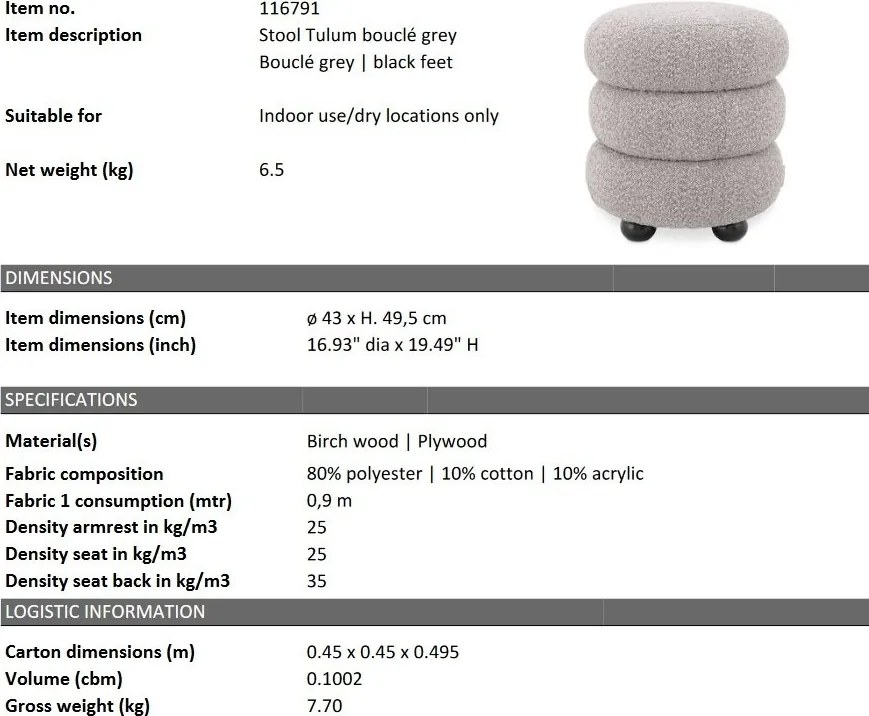 Taburete elegant design LUX Tulum, Boucle grey