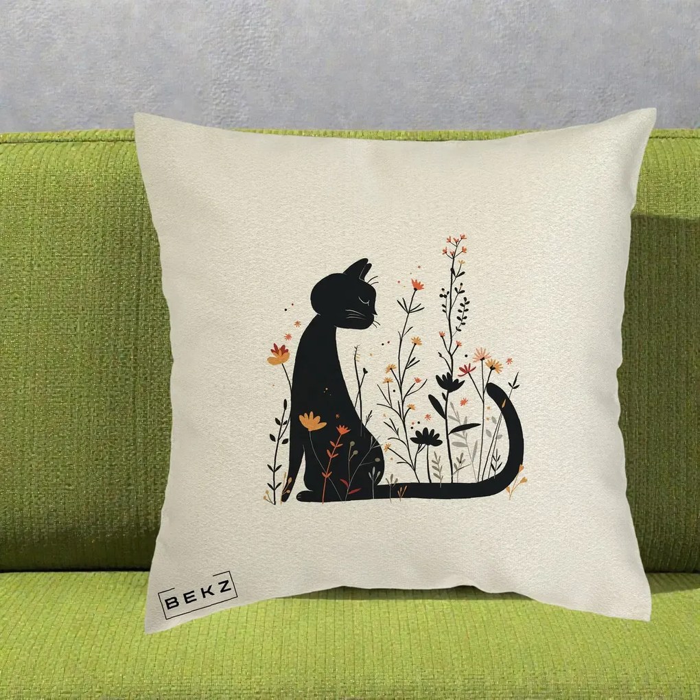 Perna Decorativa Pisica Neagra Flori Portocalii Silueta, 40x40 cm, Ecru, Husa Detasabila, Perna Inclusa, BEKZ®