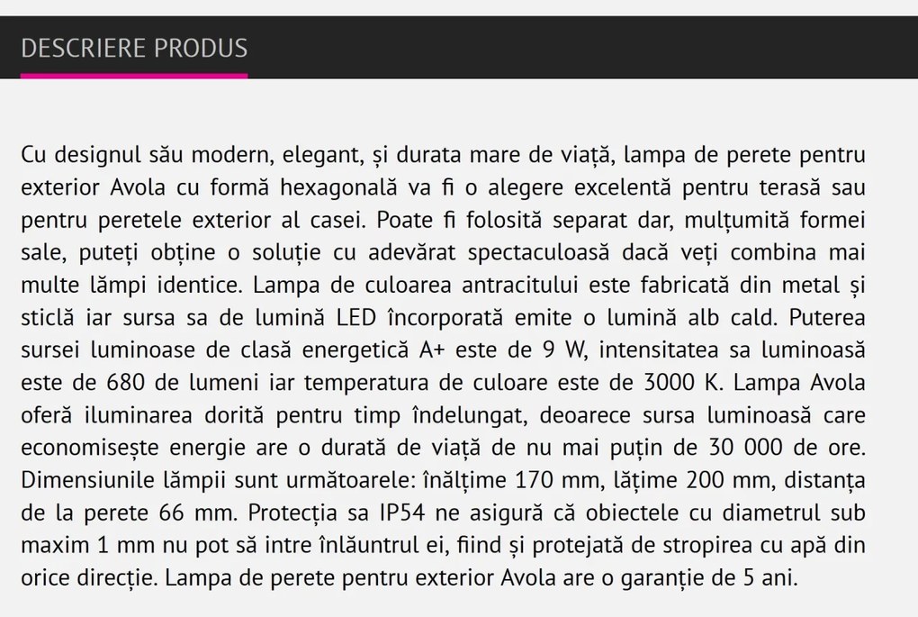 Aplica perete LED de exterior IP54 Avola 7964 RX