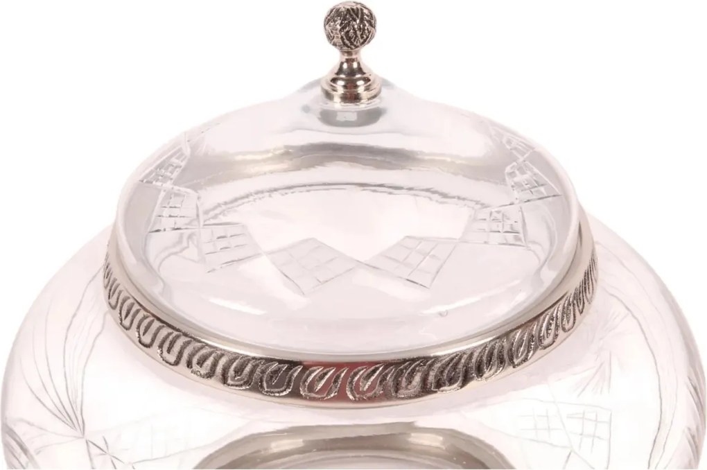 Bombonieră din sticlă gravată și aluminiu, argintie, cu capac, aspect vintage, finisaj antichizat, 21 x 26 cm, „Bonbonnière”