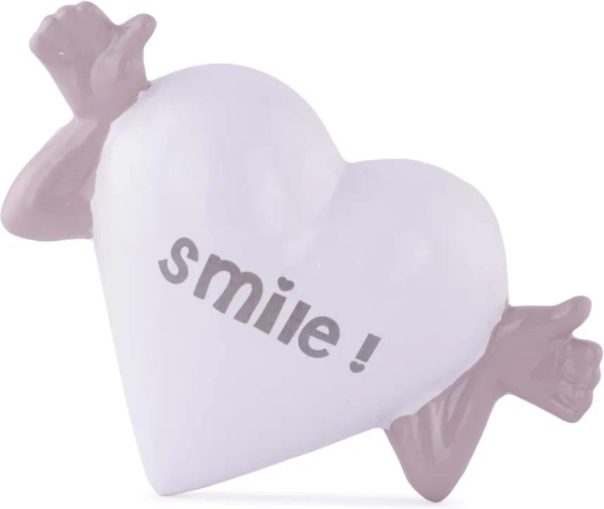 Inimioara decorativa cu mesaj "Smile!", din ceramica, alb-gri
