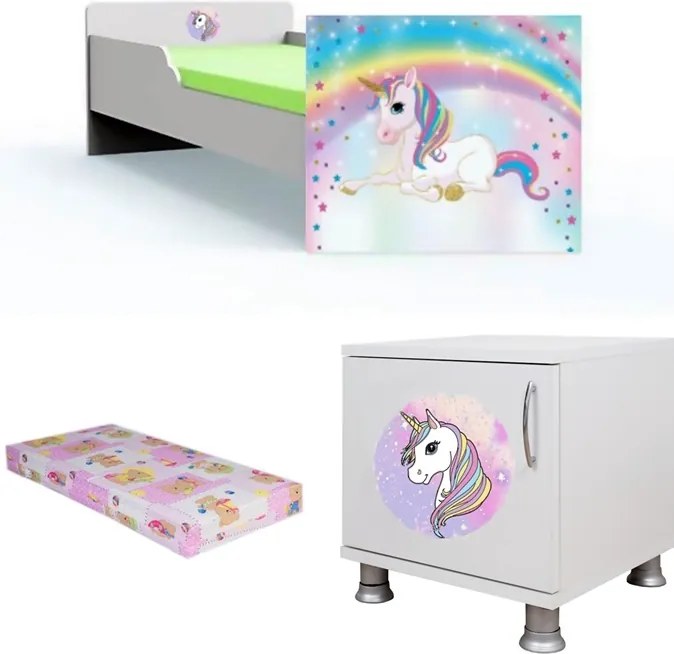 Pat tineret Unicorn cu saltea si noptiera Cadou
