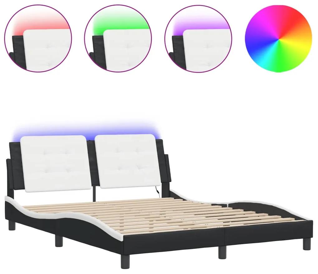 3214122 vidaXL Cadru de pat cu LED, negru și alb, 160x200 cm, piele ecologică