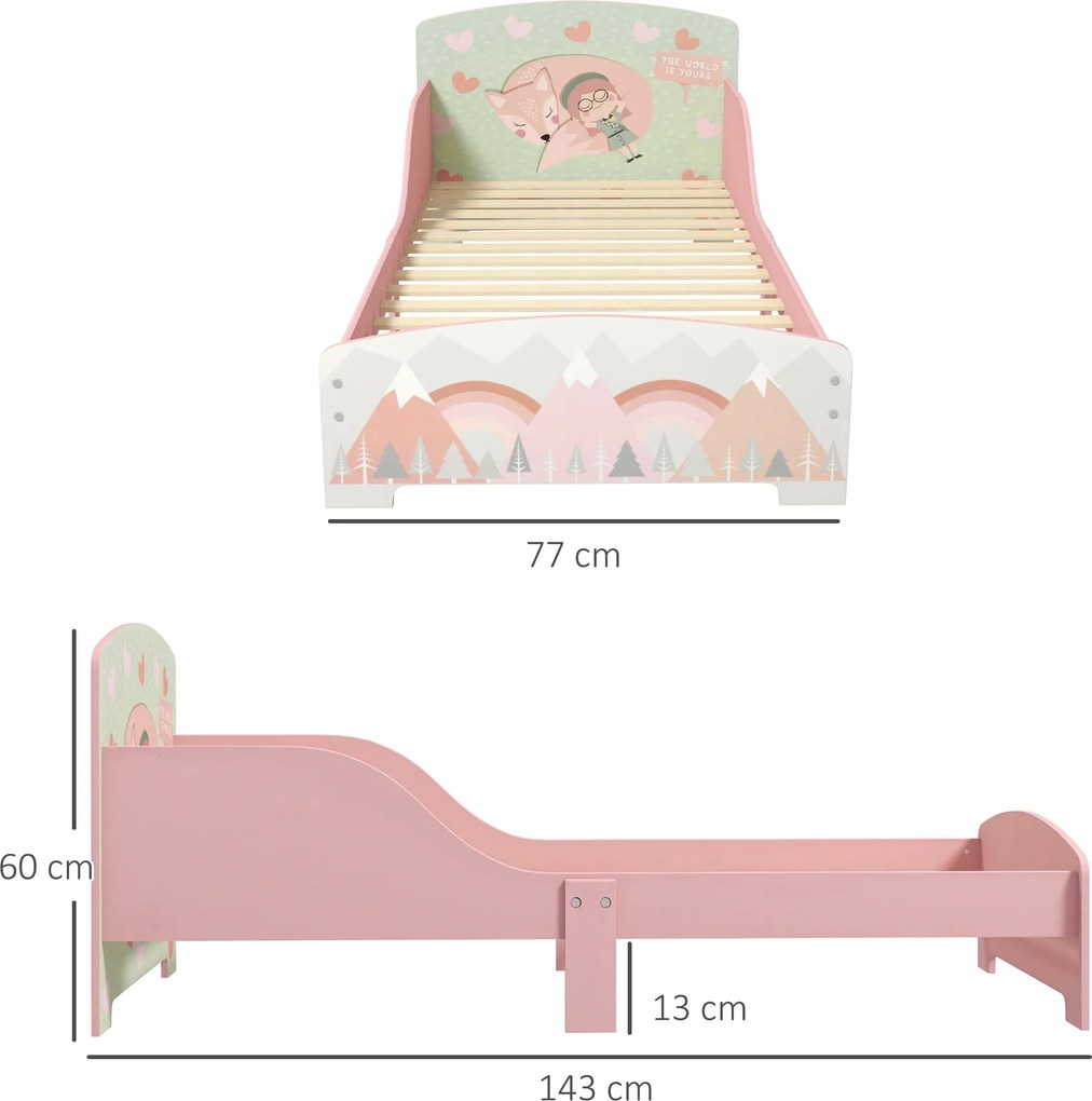 ZONEKIZ Pat pentru Copii 3-6 Ani cu Margini Înălțate și Model cu Animale, 77x143x60 cm, Roz | Aosom Romania