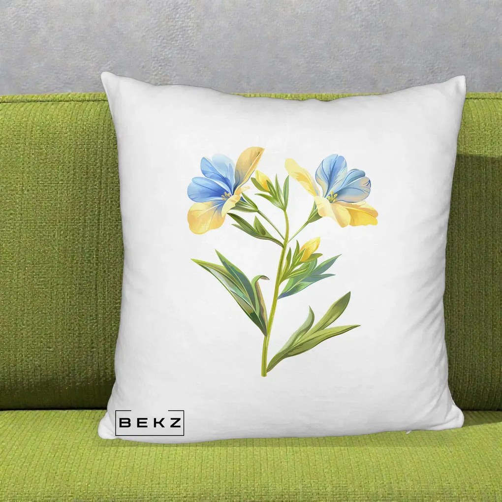 Perna Decorativa Botanica Frezie Galbena si Albastra, 40x40 cm, Alb Pufos, Husa Detasabila, Perna Inclusa, BEKZ®