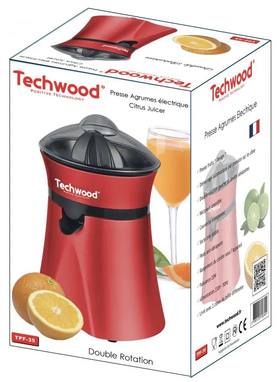 Storcator electric pentru citrice Techwood TPF-35, 20W, 1 L, Push start, 2 conuri, Capac transparent, Rosu