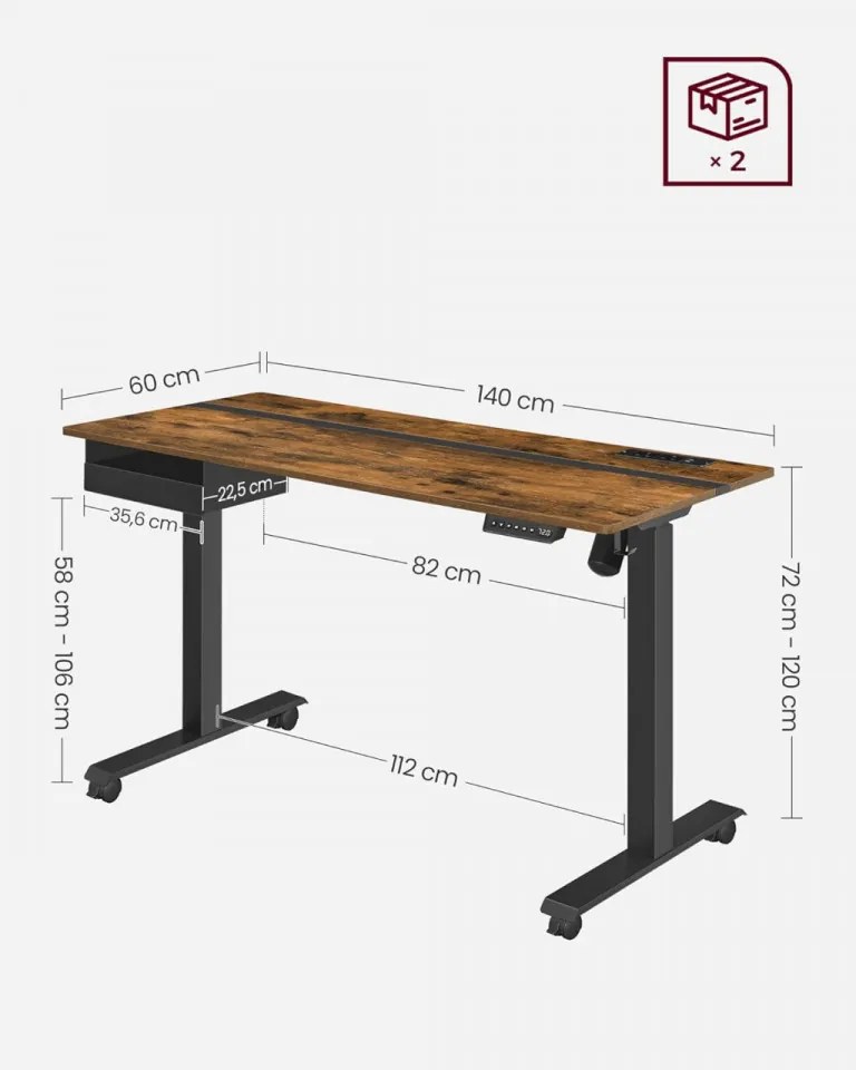 Birou electric reglabil cu sertar si priza, 140 x 60 x 72-120 cm, PAL melaminat / metal, maro, Vasagle