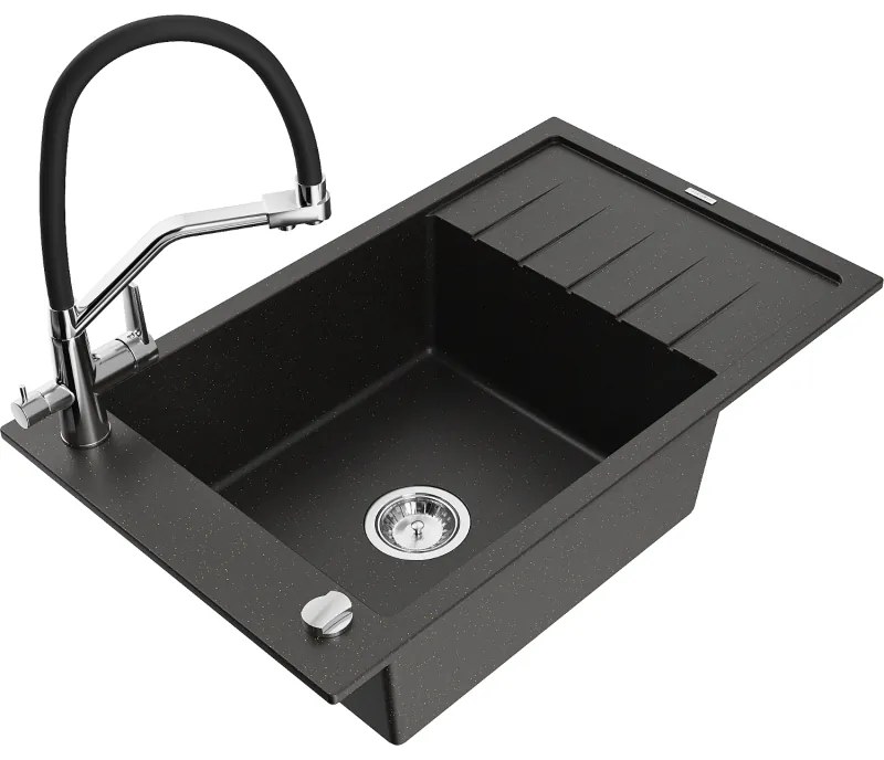 Mexen Elias chiuvetă de bucătărie din granit cu 1 cuvă cu scurgător și baterie Duo, negru/auriu metalizat - 6511-75-671701-07