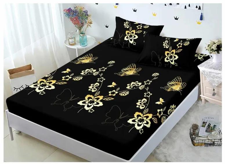 Husă de pat din FINET cu elastic si 2 fete de pernă, Golden Flowers 160×200
