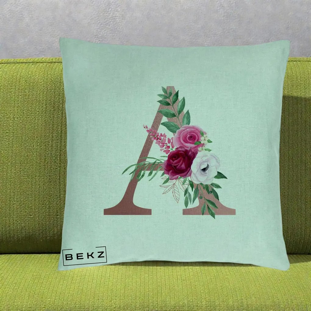 Cadou Personalizat - Perna Personalizata Monograma Rose Gold Litera A, 40x40 cm, Verde Menta, Husa Detasabila, Perna Inclusa, BEKZ®