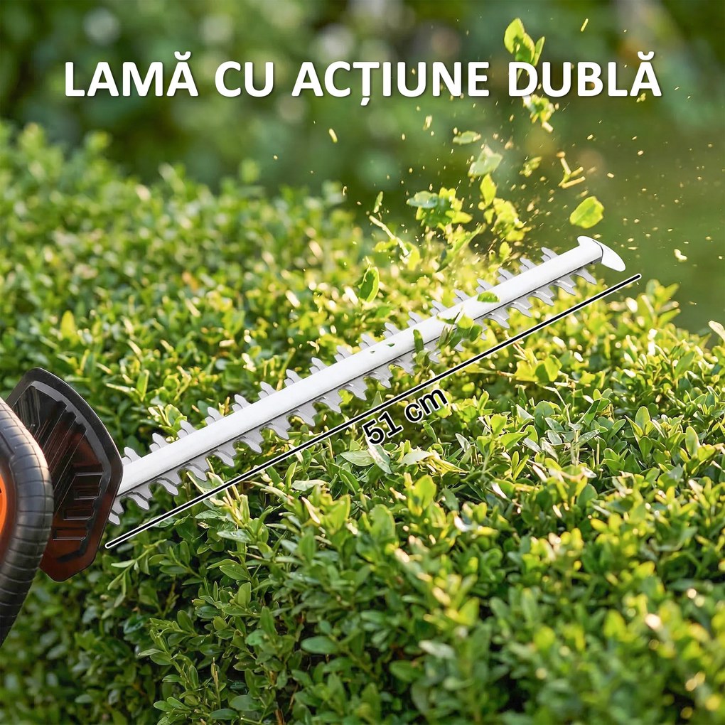 Outsunny Foarfecă de Tuns Gard Viu pe Baterie 18V, cu Baterie de 2Ah, Încărcător, Lamă Dublă de 51cm pentru Crengi, Arbuști și Ramuri, Portocaliu | Aosom Romania