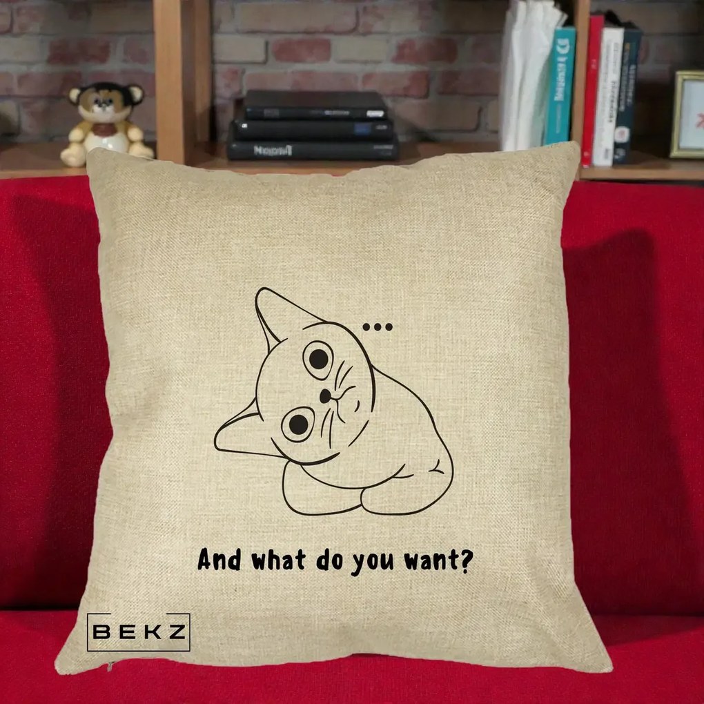Perna Decorativa And What Do You Want Cat, 40x40 cm, Crem, Husa Detasabila, Perna Inclusa, BEKZ®