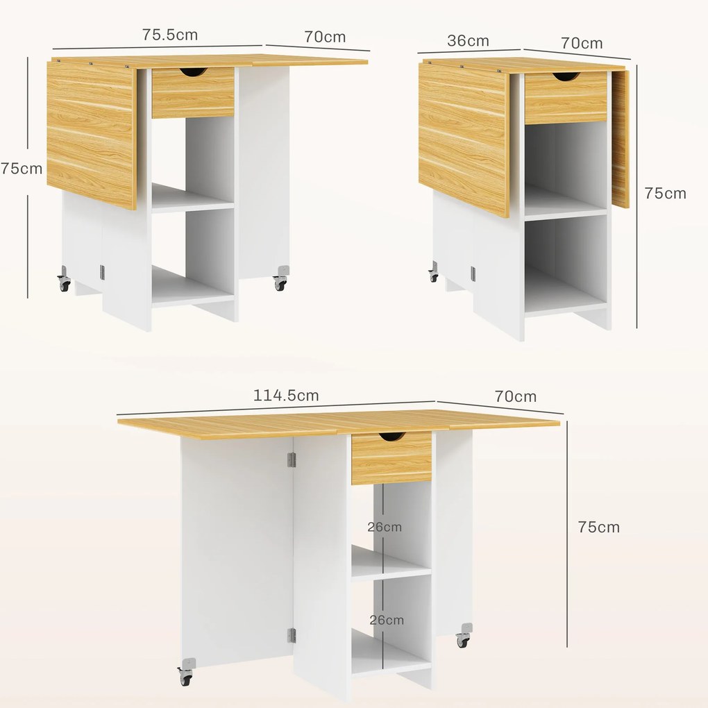 HOMCOM Masă Pliabilă, Masă Rabatabilă pentru 2-4 Persoane cu Sertar, 2 Rafturi și 2 Roți, 114,5x70x75 cm, Stejar | Aosom Romania