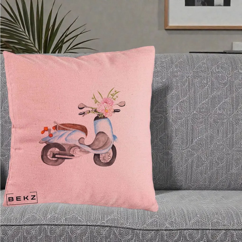Perna Decorativa Scuter Albastru cu Flori Acuarela, 40x40 cm, Roz, Husa Detasabila, Perna Inclusa, BEKZ®