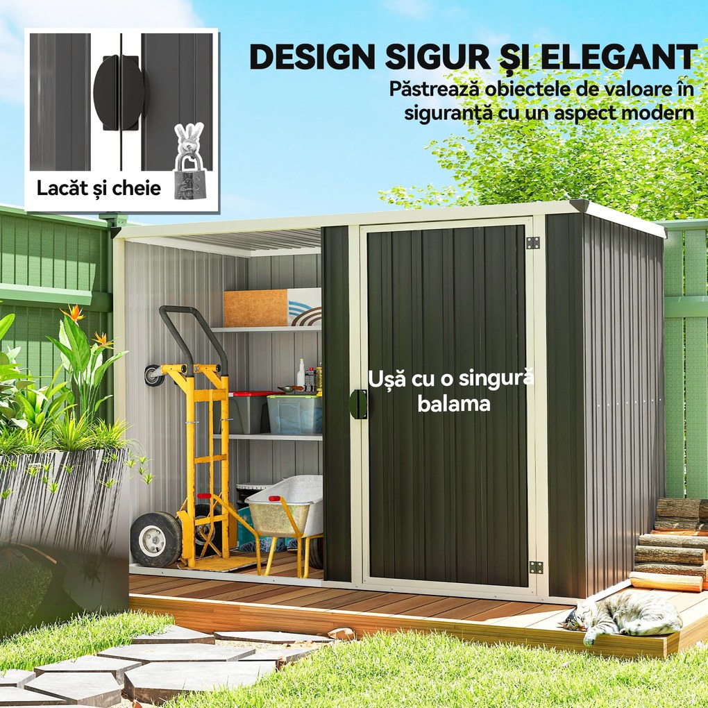 Outsunny Șopron de Grădină din Oțel Galvanizat, Ușă Blocabilă, 231 x 125 x 162 cm, Gri Închis | Aosom Romania