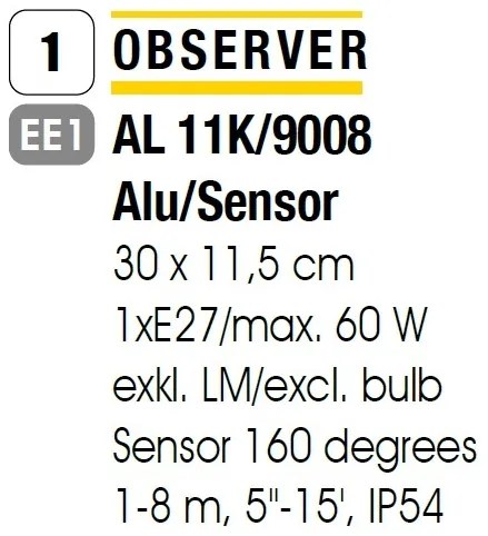 Aplica de exterior cu protectie IP54 si senzor de miscare Observer, gri