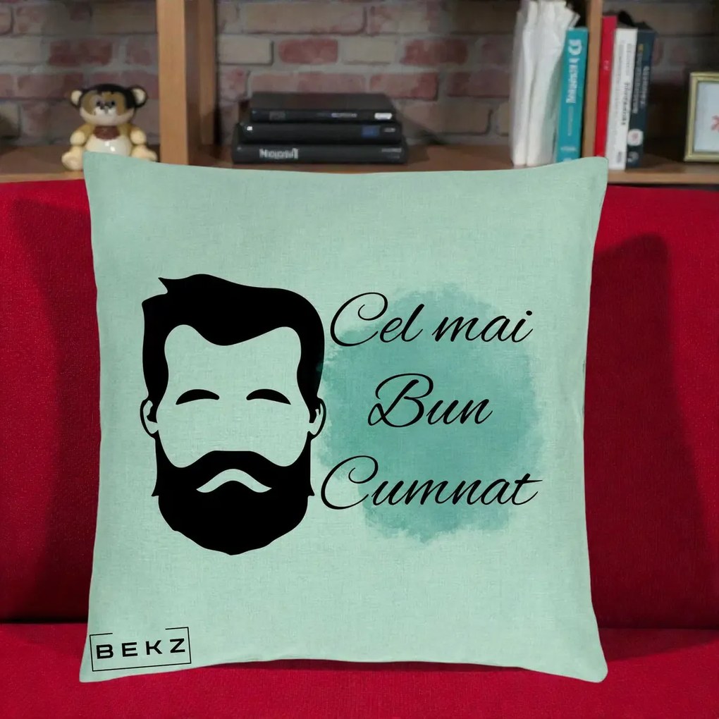 Cadou pentru Cumnat - Perna Personalizata Cel mai Bun Cumnat cu Portret Barbat si Pete Teal, 40x40 cm, Verde Menta, Husa Detasabila, Perna Inclusa, BEKZ®