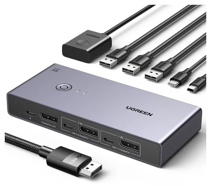 Switch KVM UGREEN CM695 Input: 2 x DP si USB-Type-C, 1 x Mini USB, Output: 1 x DP,3 x USB, 1 x USB-Type-C, rez. max.8K/60Hz