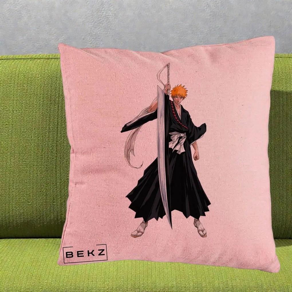 Perna Personalizata Bleach Ichigo Kurosaki Zangetsu, 40x40 cm, Roz, Husa Detasabila, Perna Inclusa, BEKZ®