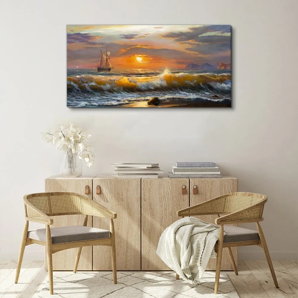 Tablou canvas valuri de coastă apus de soare