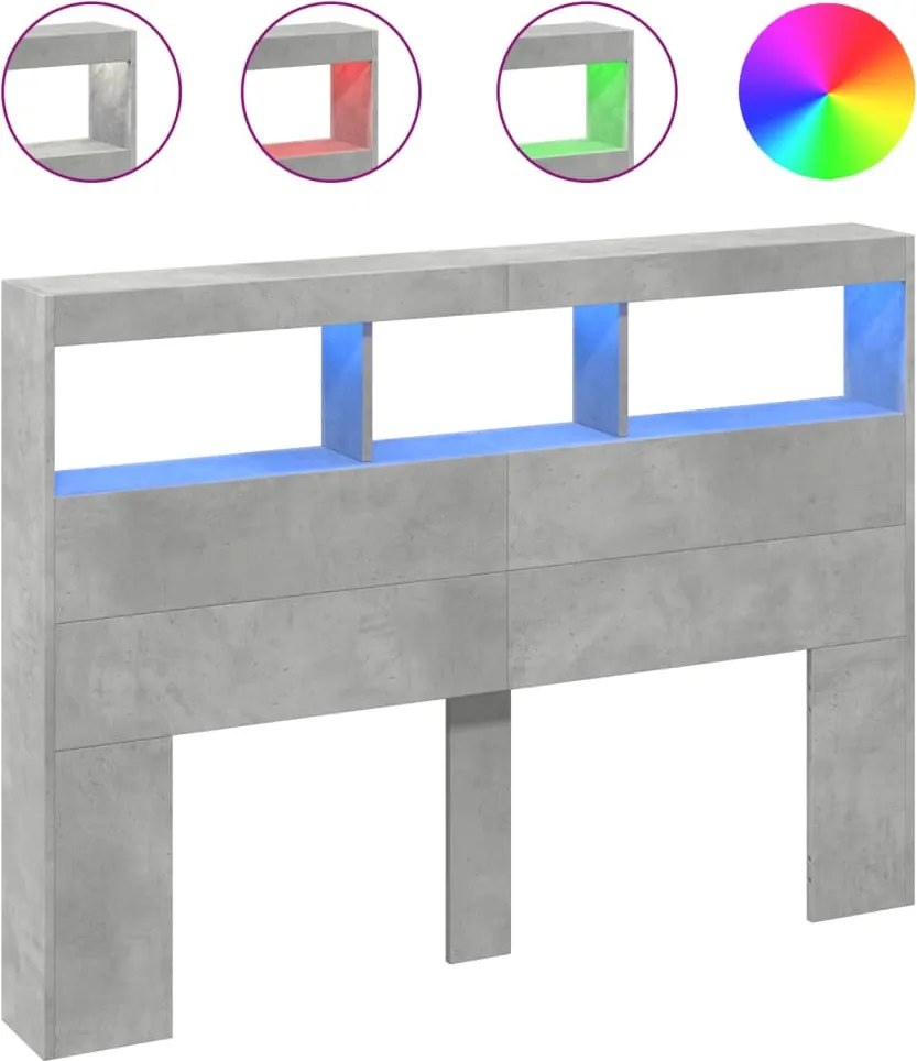 vidaXL Tăblie de pat cu dulap și LED, gri beton, 140x17x102 cm