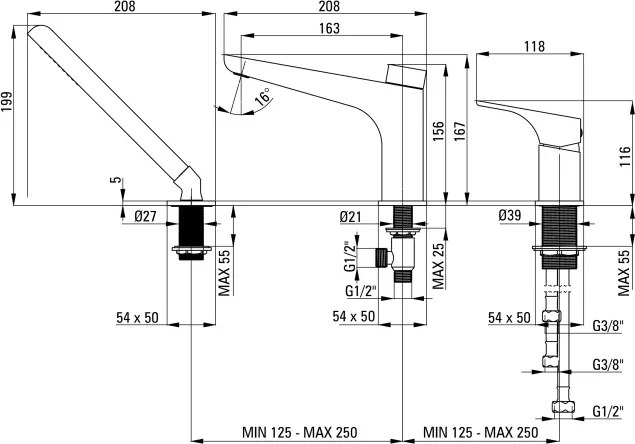 HIACYNT Baterie pentru cadă, 3-orificii Finisaj: Negru BQH_N13M