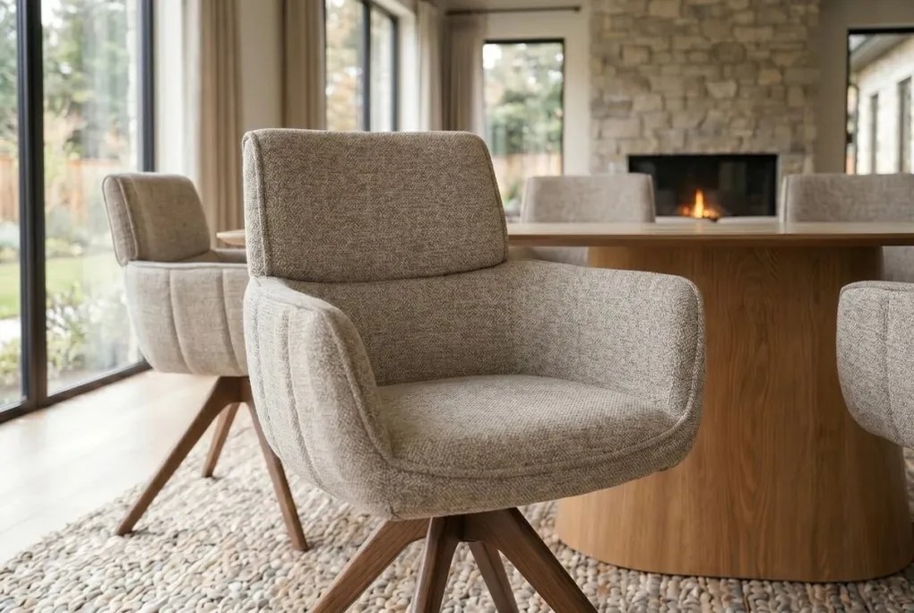 Set de 2 scaune pivotante, Lemn de nuc, Material texturat bej-taupe, UNIQUE