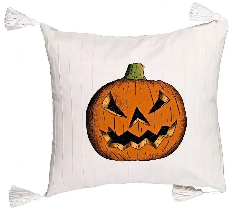 Perna Decorativa cu Franjuri cu motiv Dovleac de Halloween 2, 45x45 cm, Ecru, Cu fermoar