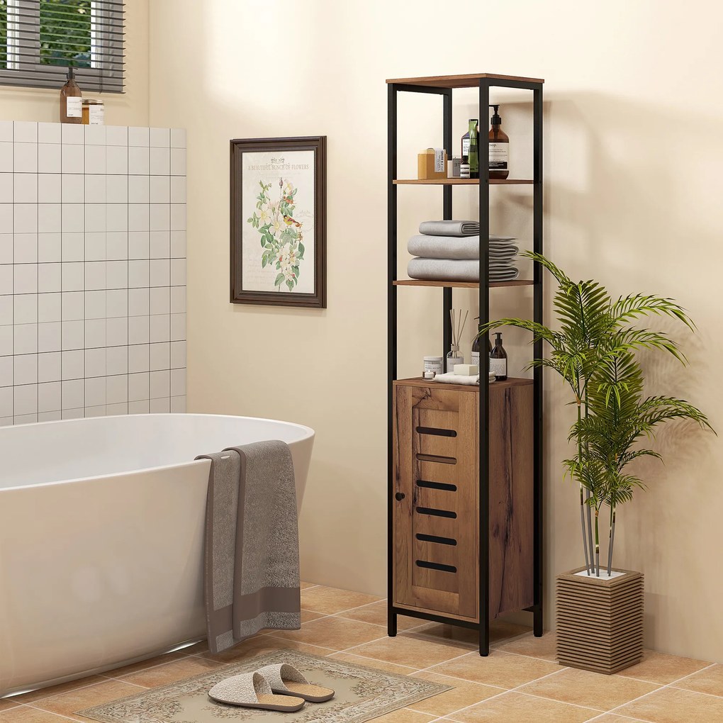 kleankin Mobilier de baie coloană industrial 3 rafturi deschise ușă cu lamele rafturi reglabile marron rustique | Aosom Romania