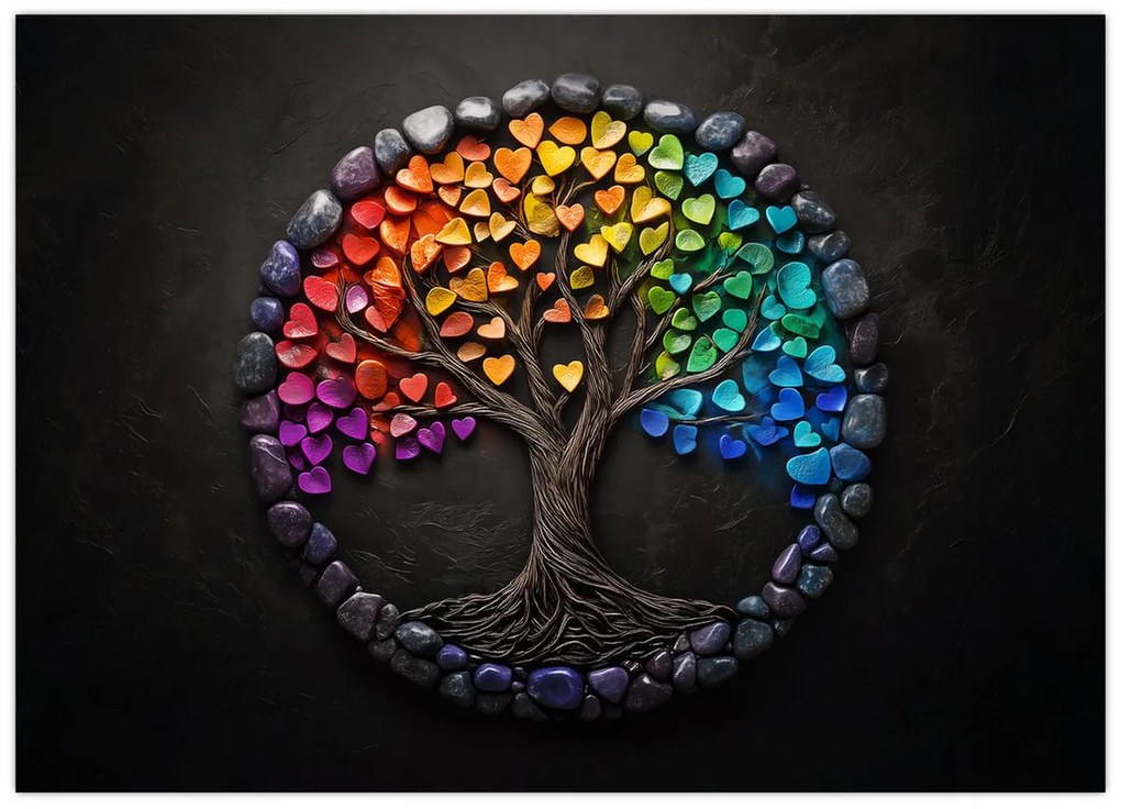 Tablou pe sticlă – Arbore plin de inimi colorate (70x50 cm)