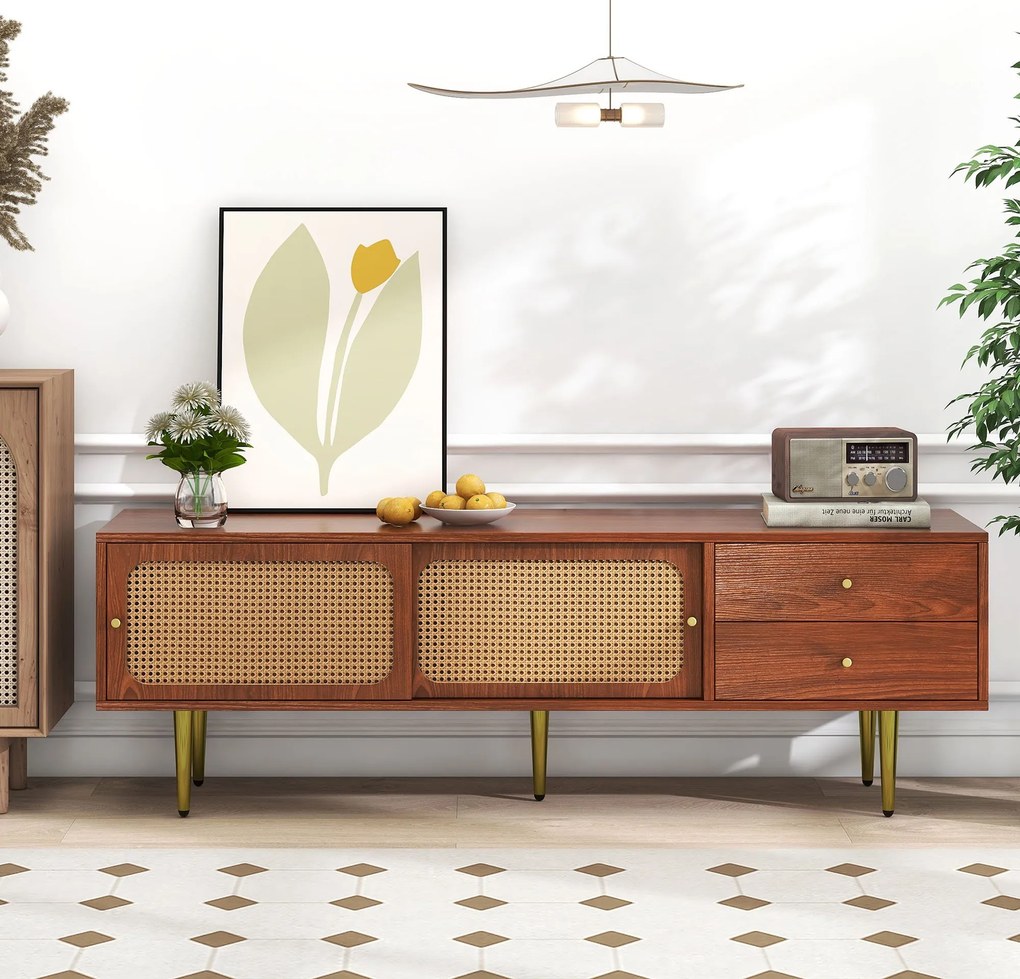 Mobilier TV elegant cu uși glisante din ratan, Culoare naturală | Aosom Romania