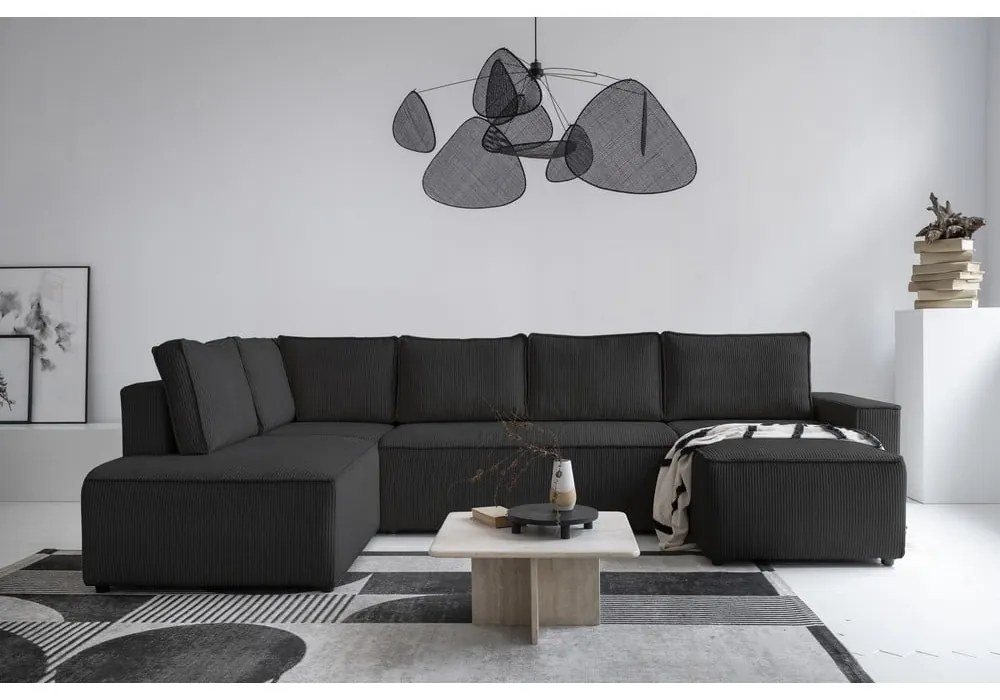 Colțar gri antracit extensibil cu tapițerie din catifea reiată (cu colț pe partea stângă /în formă de "U") Brave Dave – Miuform