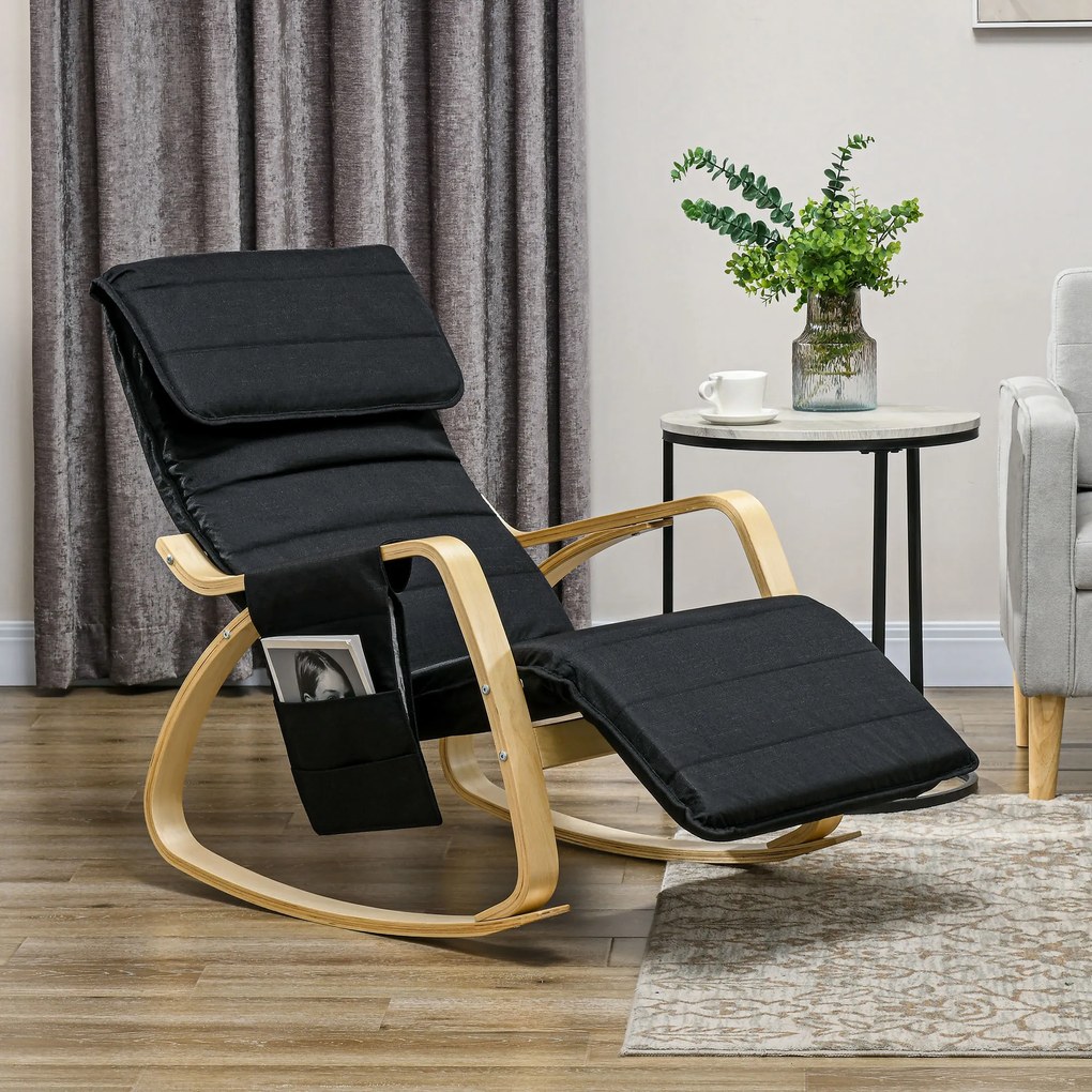 HOMCOM Fotoliu de relaxare cu leagăn fotoliu de relaxare cu suport de picioare reglabil, buzunar lateral și suport pentru cap, negru | Aosom Romania