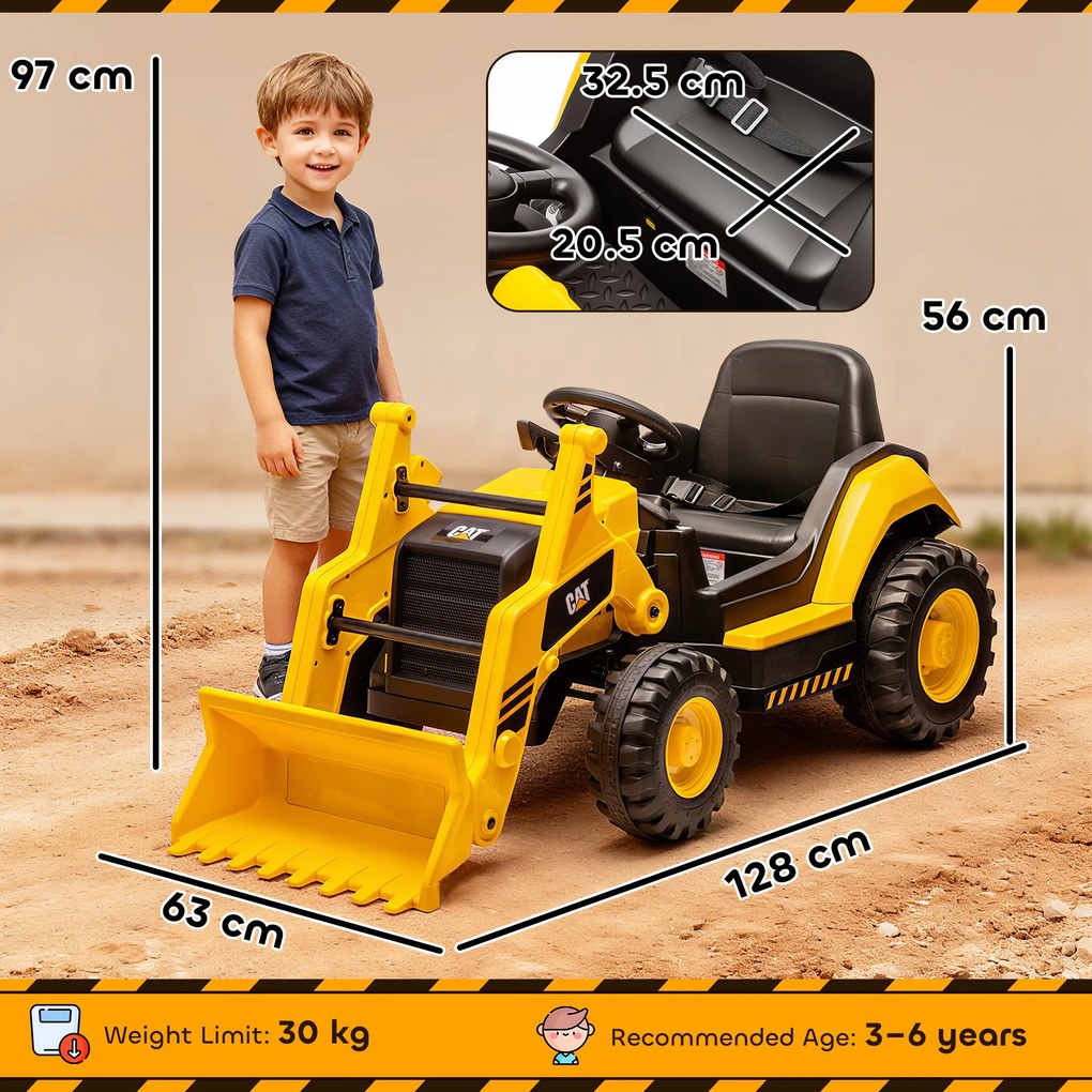 AIYAPLAY Ruspa Electrică pentru Copii 3-6 Ani Marca Oficială Caterpillar 12V cu Telecomandă, Galben | Aosom Romania