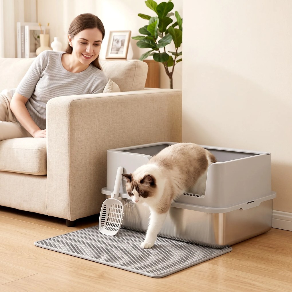 PawHut Litieră pentru Pisici xl cu Covoraș, Tavă din Oțel Inoxidabil, Lopățică, Perie, Până la 8 Kg, Gri Deschis | Aosom Romania