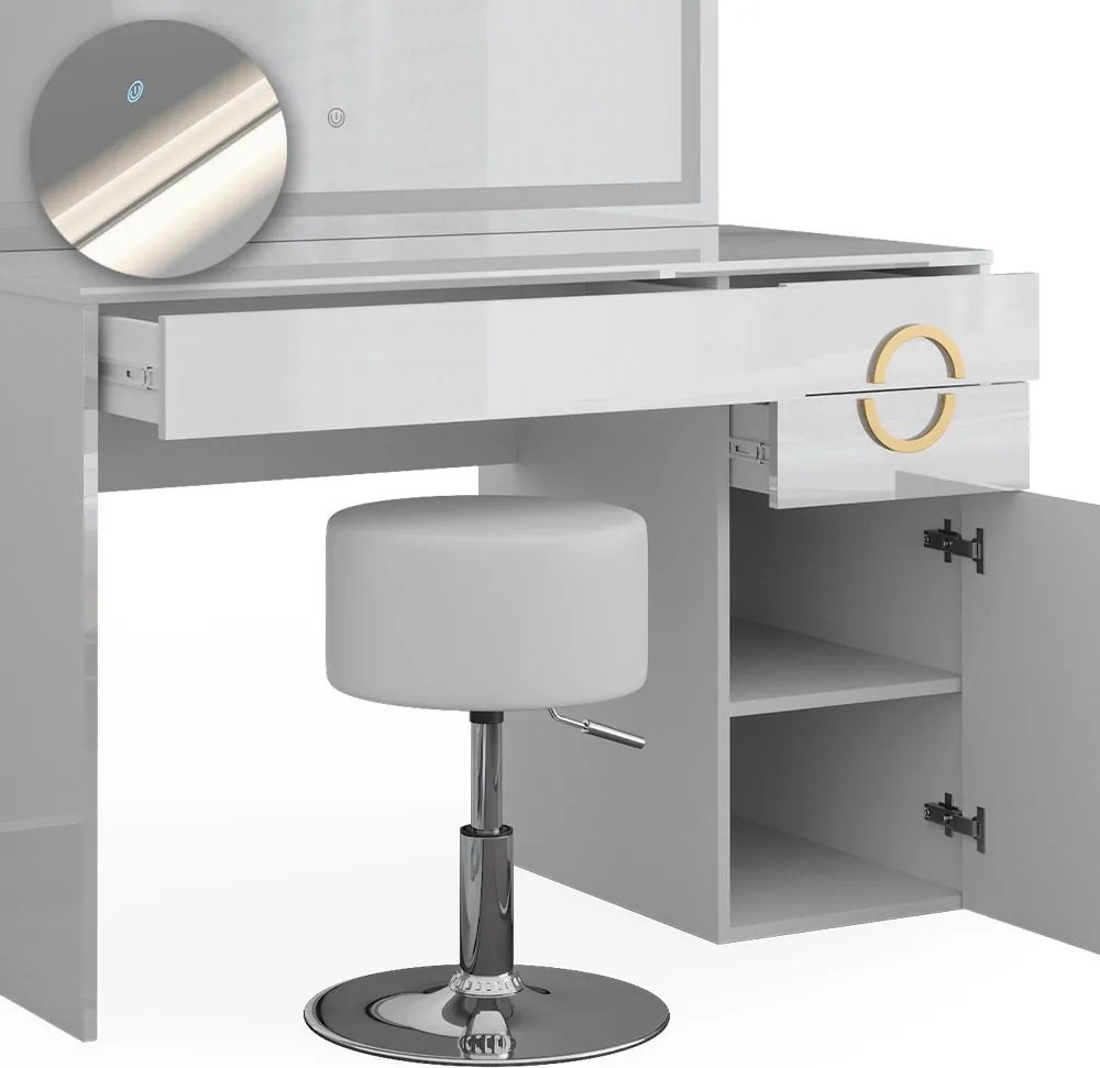 Masuta machiaj cu Oglinda LED si 3 Sertare pentru Cosmetice, Set Masa toaleta 115 cm, Alb Lucios, masuta cosmetica, vanity - SEA442