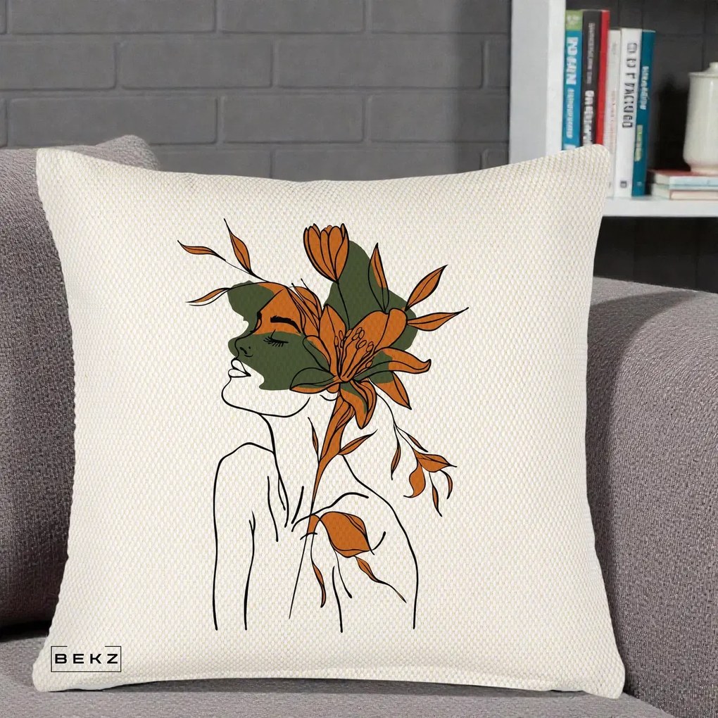 Perna Decorativa Portret Feminin Crin Auriu, 40x40 cm, Crem Reliefat, Husa Detasabila, Perna Inclusa, BEKZ®