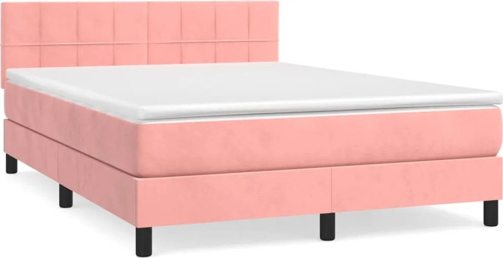 vidaXL Pat box spring cu saltea, roz, 140x200 cm, catifea