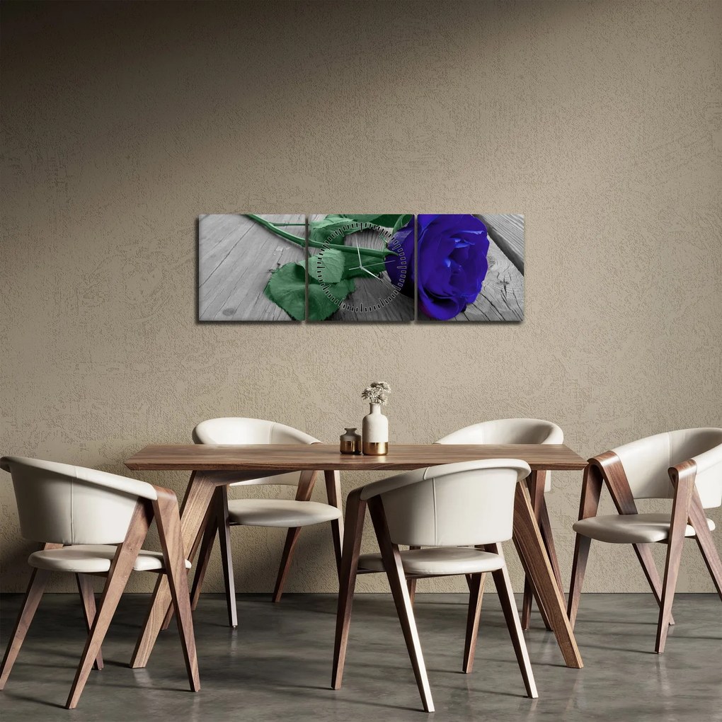 Tablou - Trandafir albastru cu tulpina verde (cu ceas) (90x30 cm)