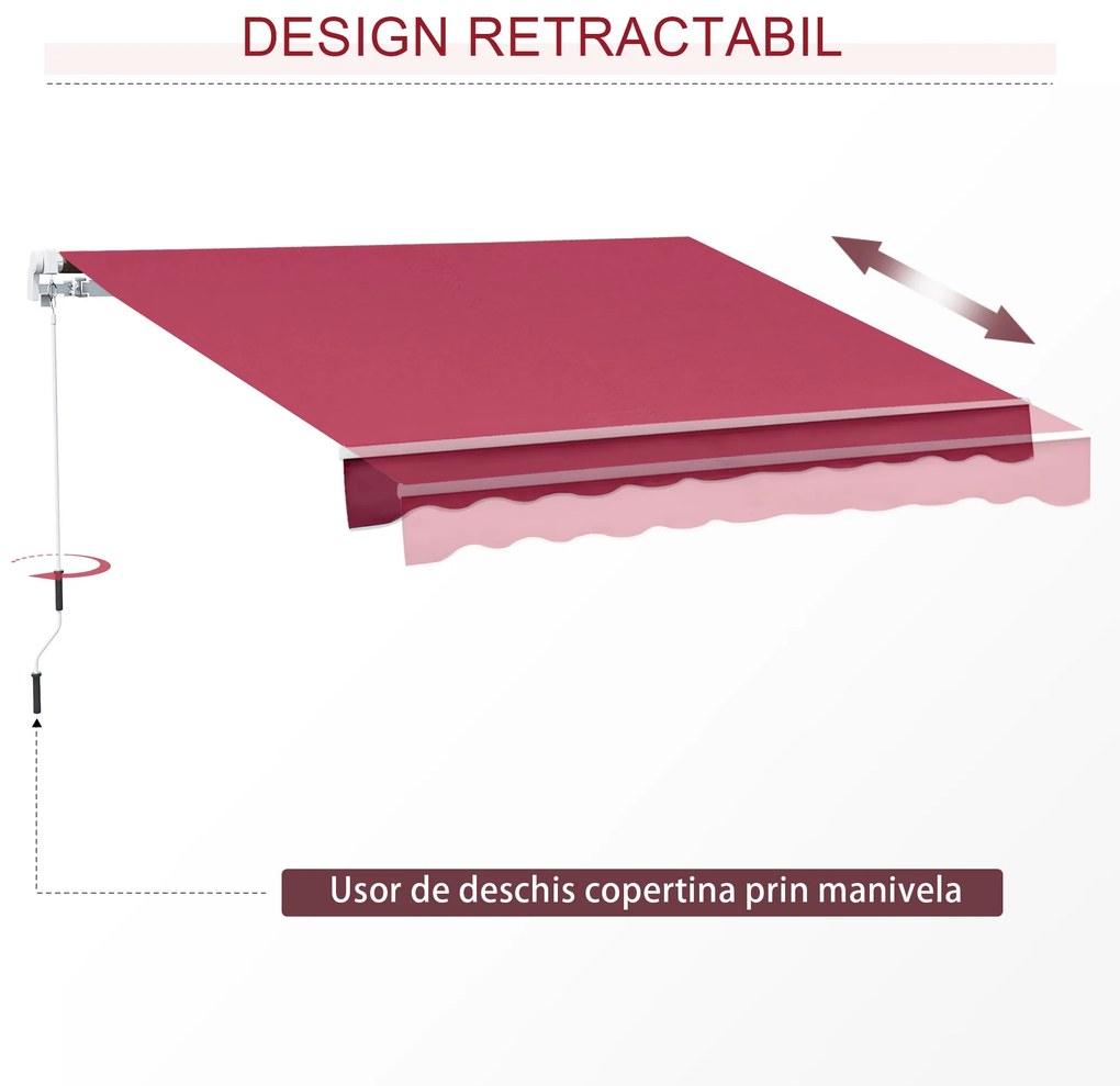 Outsunny Copertină Retractabilă Manuală pentru Grădină, Protecție Solară, Cadru Metal și Aluminiu, 4x2.5m, Roșu Închis | Aosom Romania