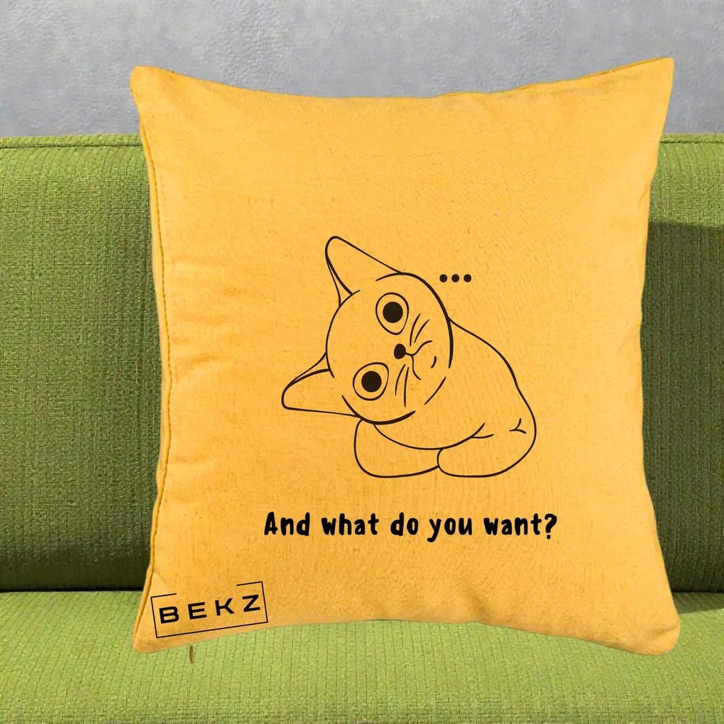 Perna Decorativa And What Do You Want Cat, 40x40 cm, Galben, Husa Detasabila, Perna Inclusa, BEKZ®
