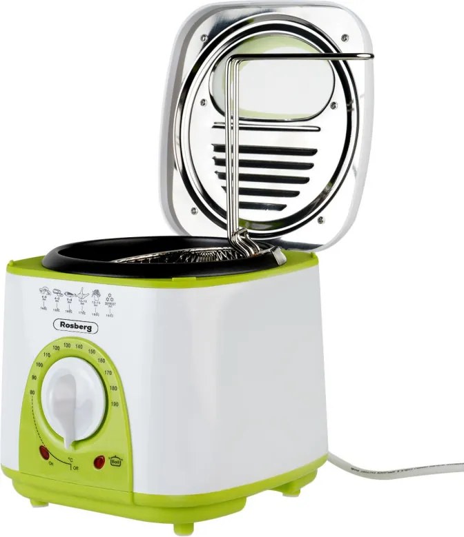 La mâna a doua: Friteuza mini Rosberg , 950W, 1 litru, Termostat, Strat antiaderent, Alb / Verde