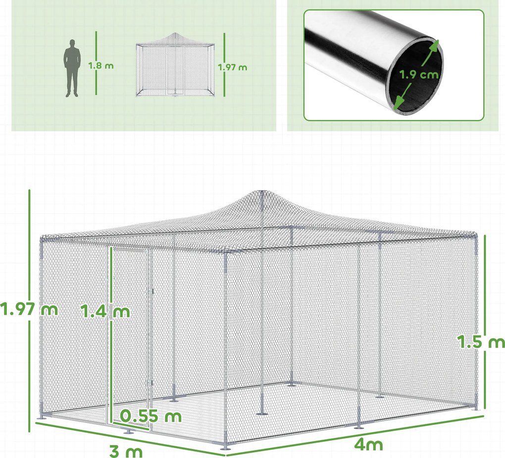 PawHut Țarc pentru Găini de Exterior, 4x3x2m 12㎡ Adăpost pentru Găini din Oțel Galvanizat cu Acoperiș Impermeabil Anti-UV și Închidere Dublă, Coteț pentru Păsări, Animale Mici, Iepuri și Rațe | Aosom Romania